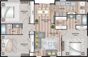 C1 - Three Bedroom / Two Bath - 1,270 Sq. Ft.*