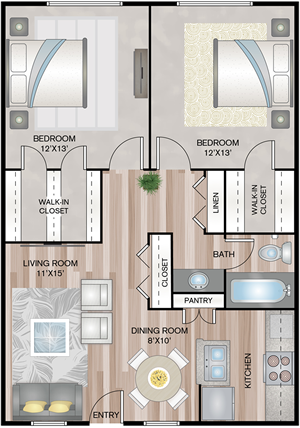 B1 - Two Bedroom / One Bath - 850 Sq. Ft.*