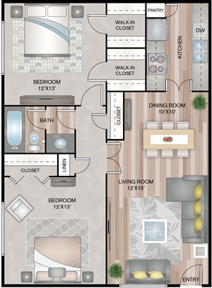 B2 - Two Bedroom / One Bath - 877 Sq. Ft.*